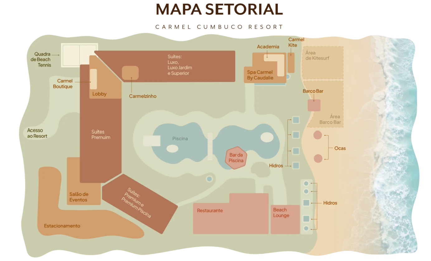 Mapa setorial do Carmel Cumbuco Resort, com o Salão de Eventos marcado